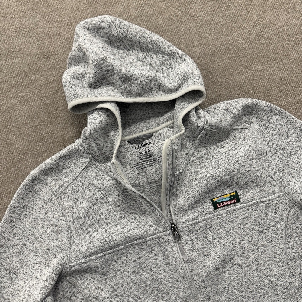 LL Bean Sweater Fleece Hoodie Women's XL Grey Full Zip Hooded Knit Jacket